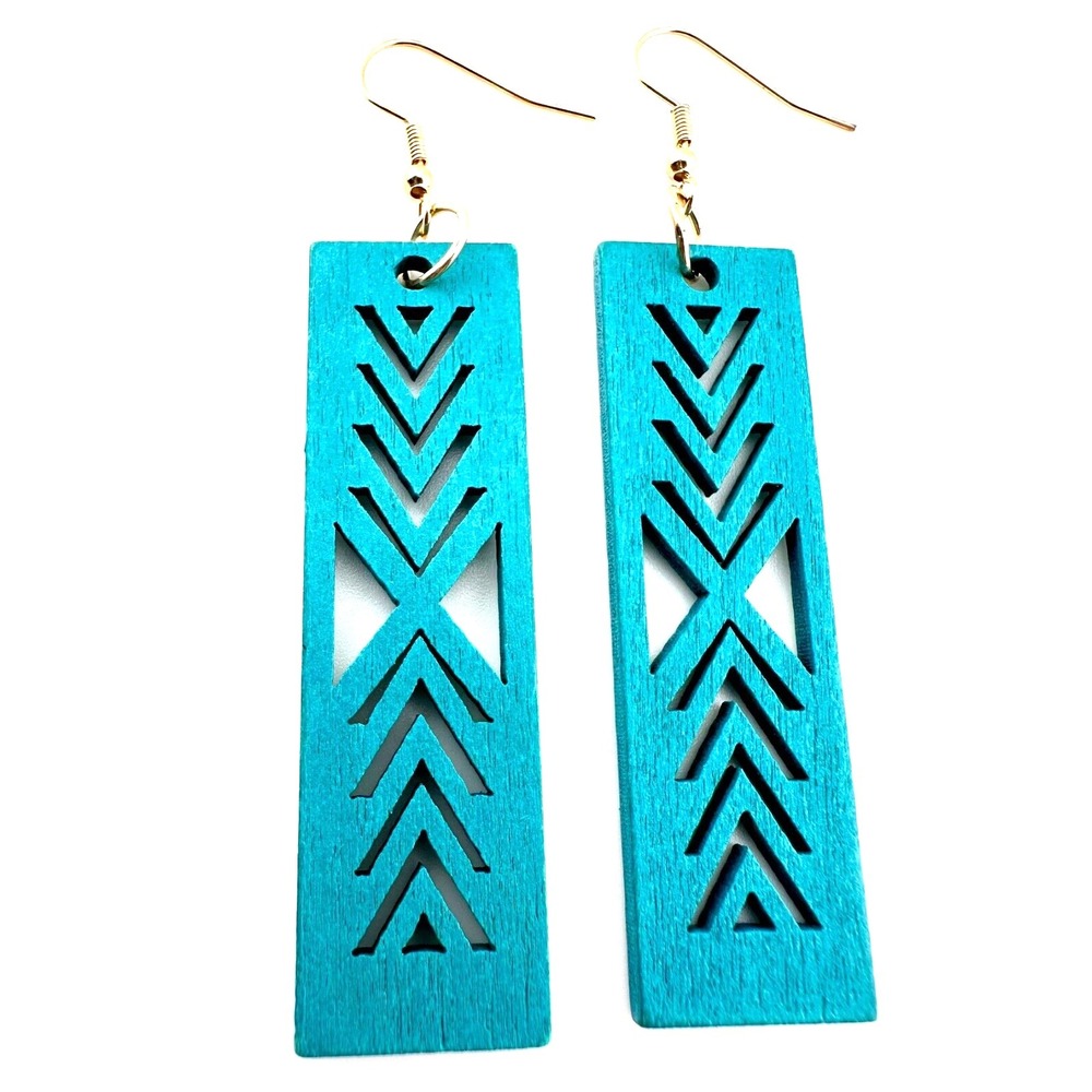 Teal Blue Arrow Laser Cut Wood Bar Earrings